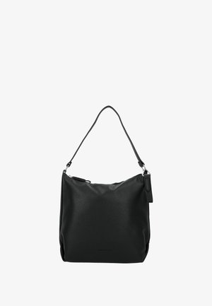 Borsa a spalla in pelle nera con finitura testurizzata, una sola tracolla e accessori in metallo argentato. Include una chiusura con zip e un'etichetta laterale decorativa.