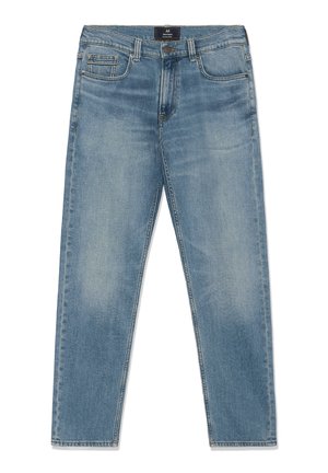 Világoskék, egyenes szárú farmernadrág, megfakult felülettel. Elöl zsebekkel, cipzáras záródással és kontrasztos varrással rendelkezik. Tartós pamut anyagból készült.