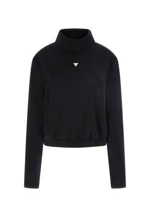 Zwarte langemouwen pullover met een hoge kraag, cropped ontwerp, zachte stof en een driehoekig logoaccent op de borst.
