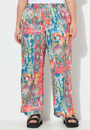 Pantalons amples multicolores avec des motifs floraux et géométriques vibrants, dotés d'une taille élastique et d'un tissu doux.
