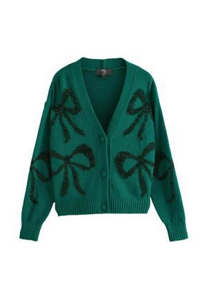Cardigan boutonné vert avec motifs de nœuds noirs pailletés sur le devant et les manches, poignets et ourlet côtelés, et un décolleté en V profond.