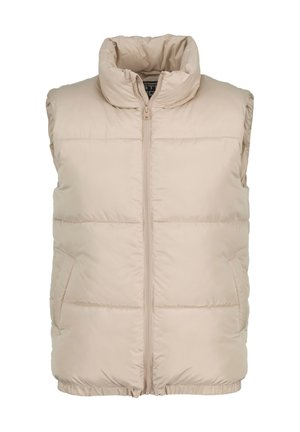Gilet imbottito beige con colletto alto, chiusura frontale con zip e tasche laterali; presenta cuciture orizzontali per volume e una consistenza morbida.