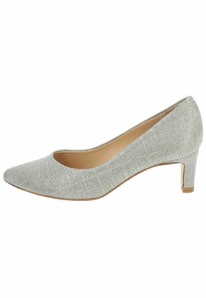 Grey fabric pump with a pointed toe, low block heel, textured finish, and a smooth interior. No visible patterns or decorative accents.