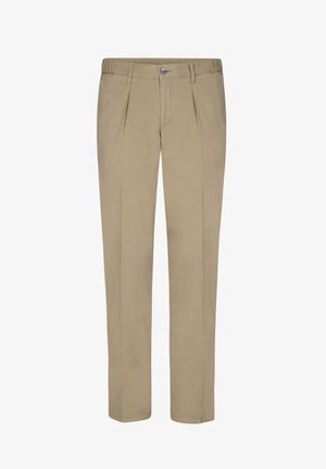 Pantalon beige à jambes droites avec passants pour ceinture, fermeture à bouton et zip à l'avant, et plis sous la ceinture.