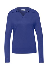 Pull bleu à manches longues avec col en V et col, poignets et ourlet côtelés, en tissu tricoté, étiqueté Street One.