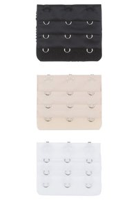 Tre chiusure a gancio e asola in nero, beige e bianco. Ognuna presenta sei file con anelli metallici circolari e cinghie elastiche per il fissaggio.