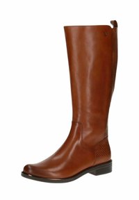 Botte en cuir marron, hauteur genou, avec une finition lisse, un panneau latéral texturé, un petit talon bloc et une languette en haut.