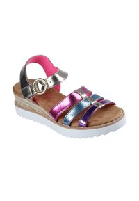 Sandalias metálicas con tiras rosas, moradas y azules. Cuentan con una plantilla acolchada, suela blanca y un detalle decorativo de hebilla.