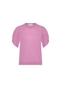 Roze gebreide trui met korte mouwen en een ronde halslijn, voorzien van geplooide pofmouwen. Heeft een geribbelde zoom voor een aansluitende uitstraling.