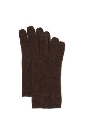 Par de guantes de lana tejidos de color marrón oscuro con una textura fina y suave, diseñados para cubrir completamente la muñeca y los dedos.