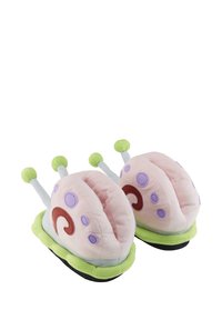 Pink plush slippers shaped like snails with green bases, featuring purple spots, brown swirls, and soft gray antennae for added detail.