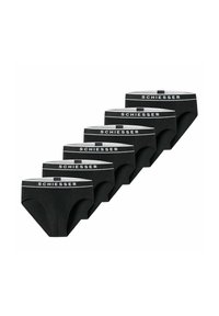 Schwarzes Baumwollunterwäsche-Set, mit einem weißen elastischen Bund mit "SCHIESSER"-Logo. Sechs Paare in einer Reihe präsentiert, nahtloses Design.