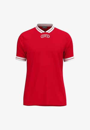T-shirt de sport rouge à manches courtes avec col et poignets à double rayure blanche, et logo central JAKO Sport sur la poitrine.