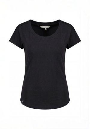 Schwarzes, tailliertes Damen-T-Shirt mit kurzen Ärmeln, rundem Ausschnitt und kleinem Stoffetikett am linken unteren Saum.
