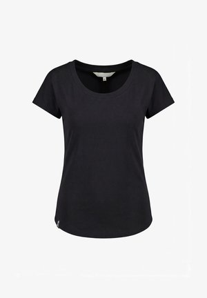 Zwart, nauwsluitend dames-T-shirt met korte mouwen, ronde halslijn en klein stoffen label aan de onderkant links.