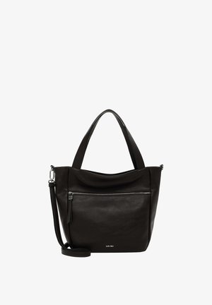Zwarte leren tote bag met dubbele handgrepen, een ritsvak aan de voorkant en een verstelbare schouderriem. Soepele textuur met minimale branding.