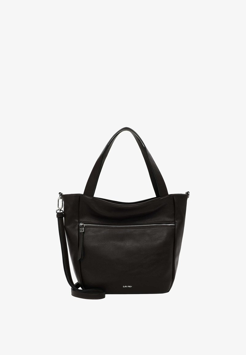 Czarna skórzana torba na ramię z podwójnymi uchwytami, zamykaną na zamek kieszenią z przodu oraz regulowanym paskiem na ramię. Gładka faktura z minimalnym logo.
