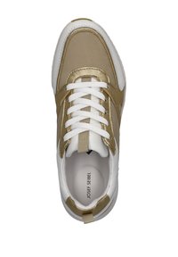Brown and white sneaker with a smooth leather upper, contrasting mesh detailing, and white laces. Branding visible inside the shoe.
