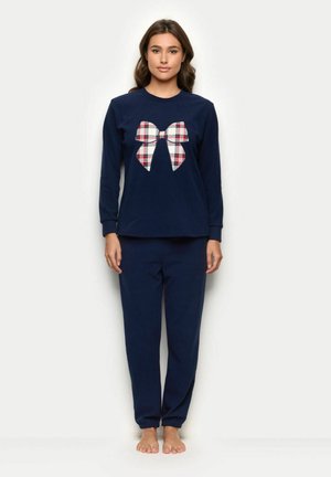 Mørkeblå pyjamas sæt med en langærmet top med et stort plaidet bue-grafik og matchende bukser med en afslappet pasform og samlede manchetter.