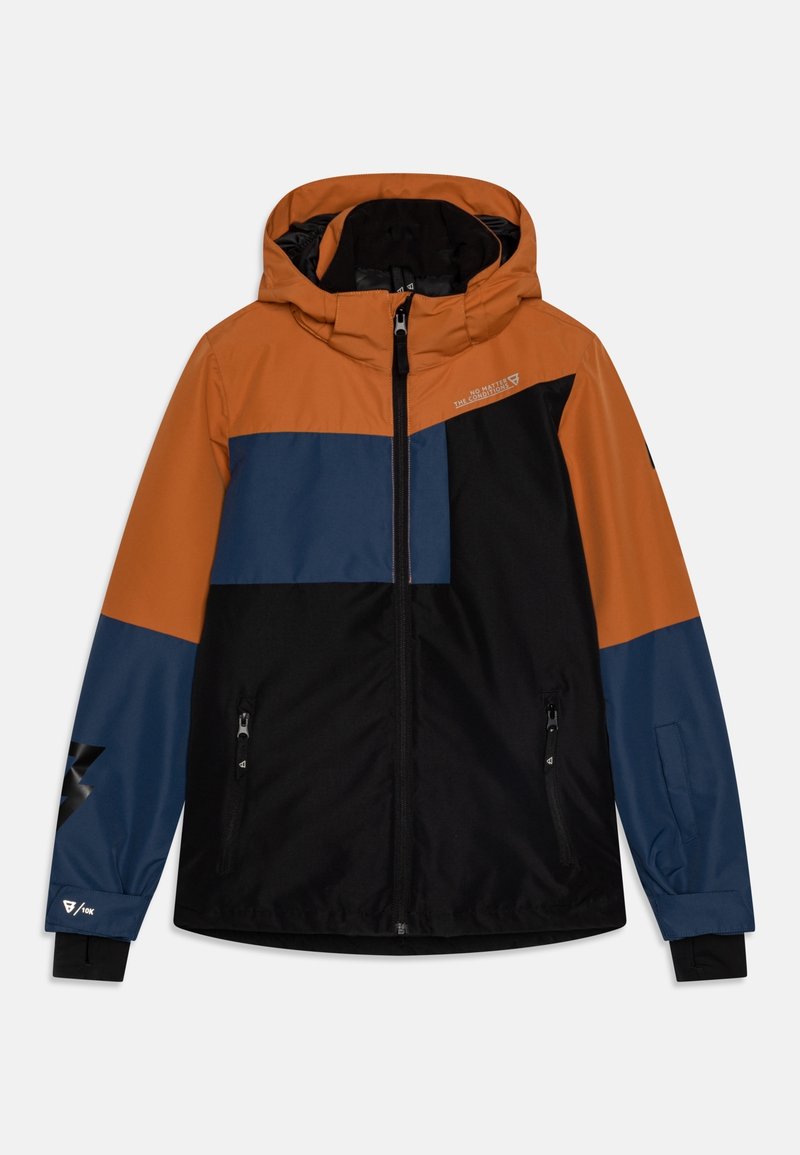 Veste à blocs de couleurs comprenant des panneaux orange, bleu et noir. Fabriquée en tissu résistant aux intempéries avec une fermeture éclair à l'avant et deux poches latérales.