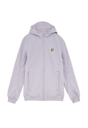 Lichtpaarse rits-hoodie met trekkoordkap, zijzakken, geribde manchetten en een klein geel vogellogo op de borst.