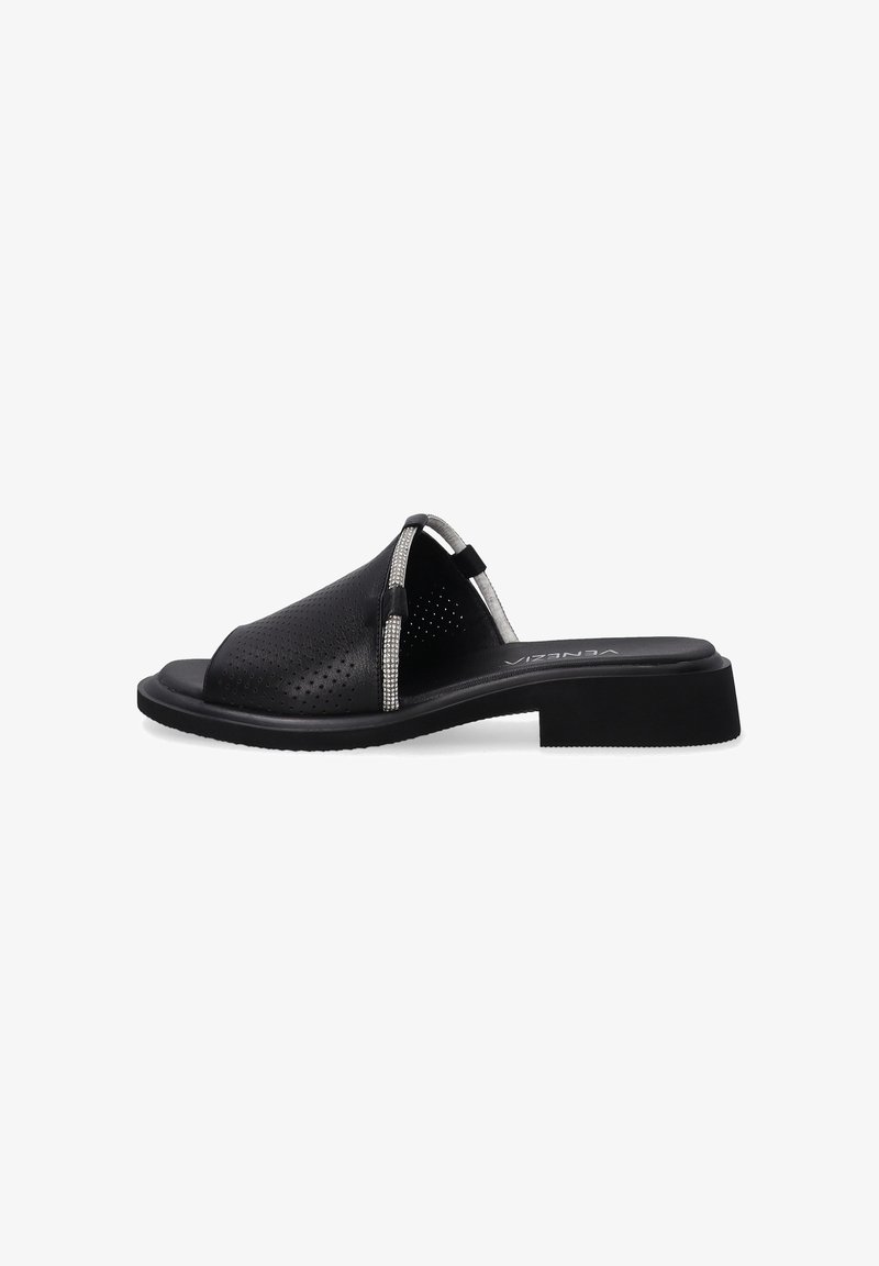 Black slide sandal with perforated upper, silver accent detailing along the sides, flat sole, and a simple, open-toed design.
