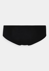 Bas de bikini noir en matériau lisse et extensible. Présente un design taille mi-haute et ne comporte aucun motif ni ornement.