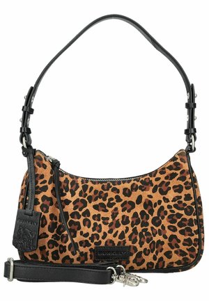 Håndtaske med leopardprint, sort justerbar læderrem og lynlåslukning, der har en aftagelig skulderrem med sølvspænder.