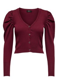 Bourgogne rippad cardigan med V-ringning, puffärmar och fem knappar fram. Kort design med texturerad stickad tyg.