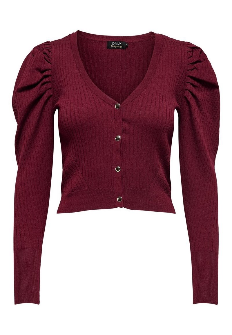 Bourgogne rippad cardigan med V-ringning, puffärmar och fem knappar fram. Kort design med texturerad stickad tyg.