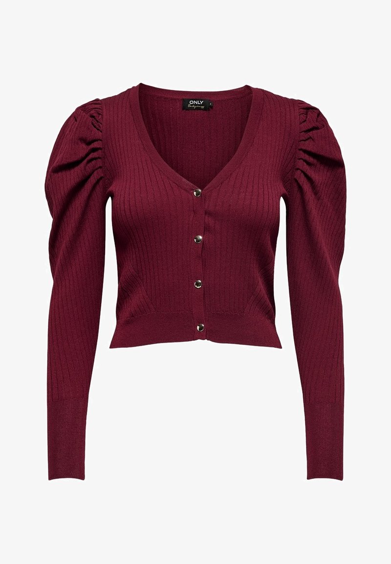Burgundská žebrovaná cardigan s výstřihem do V, nabíranými rukávy a pěti knoflíky vpředu. Krátký design s texturovanou pleteninou.