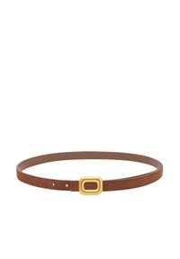 Cinturón de ante marrón con un acabado suave, que presenta una hebilla rectangular en tono dorado y un diseño ajustable con múltiples orificios.