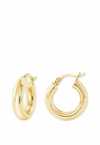 Ett par glänsande guldörhängen i tjock rund design med gångjärnslås på en vit bakgrund.