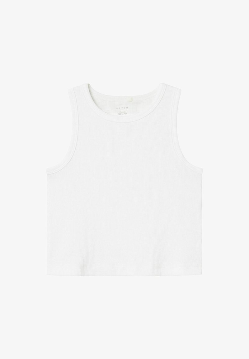 Débardeur blanc sans manches en tissu côtelé, avec un col rond et un ourlet droit et net, sans motifs ni embellissements.