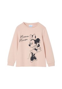 Long-sleeve pink T-shirt made of cotton featuring a black graphic of Minnie Mouse and text "Minnie Mouse" in a playful script.