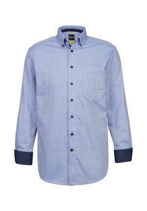 Helles blaues Button-up-Hemd mit einem gemusterten Design. Verfügt über schwarze Knöpfe und kontrastierende dunkelblaue, gemusterte Manschetten. Eine einzelne Brusttasche.