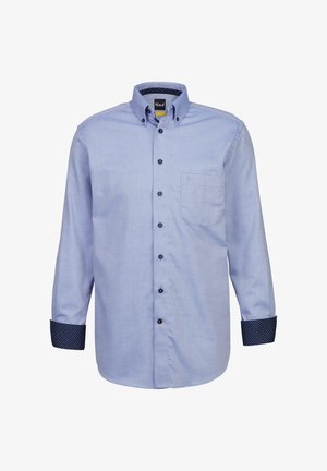 Camicia button-up azzurro chiaro con un design a motivi. Presenta bottoni neri e polsini a motivi blu scuro a contrasto. Una tasca sul petto.