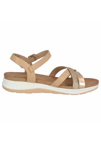 Sandali beige con design a cinturino incrociato, con un accento glitterato, soletta imbottita e suola in gomma bianca. Inclusa una fascia alla caviglia regolabile.