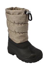 Schwarzer Gummistiefel mit einem sandfarbenen, gesteppten Textil-Oberteil und einem Kordelverschluss am oberen Rand. Verfügt über eine profilierte Gummisohle für besseren Halt.