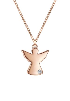 Rožu zelta eņģeļa kulons ar vienu caurspīdīgu dārgakmeni, ar gludu, spīdīgu apdari un ķēdītes dizainu.