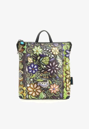 Borsa quadrata con un motivo floreale colorato e ricami intricati, realizzata in materiale testurizzato. Manico superiore nero e chiusura con zip.