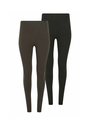 Zwei Paar schlichte Leggings in Dunkelgrau und Schwarz, nebeneinander mit hohem Bund und langen Beinen dargestellt.