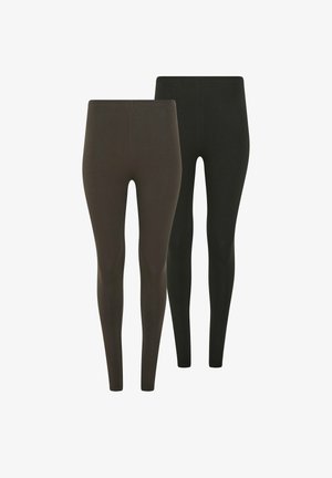 Zwei Paar schlichte Leggings in Dunkelgrau und Schwarz, nebeneinander mit hohem Bund und langen Beinen dargestellt.