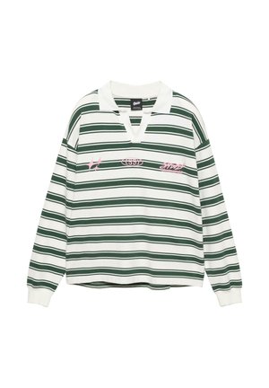 Polo a maniche lunghe a righe verdi e bianche con scollo a V, caratterizzato da loghi ricamati rosa e una vestibilità comoda.