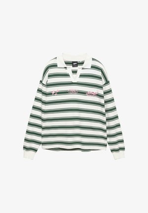 Polo a maniche lunghe a righe verdi e bianche con scollo a V, caratterizzato da loghi ricamati rosa e una vestibilità comoda.