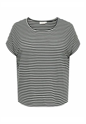 T-shirt à manches courtes à rayures noires et blanches avec un col rond et une coupe ample, fabriqué en tissu doux avec une texture lisse.