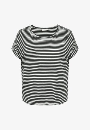 Black and white striped short-sleeve t-shirt with a round neckline and a loose fit, made from soft fabric with a smooth texture.