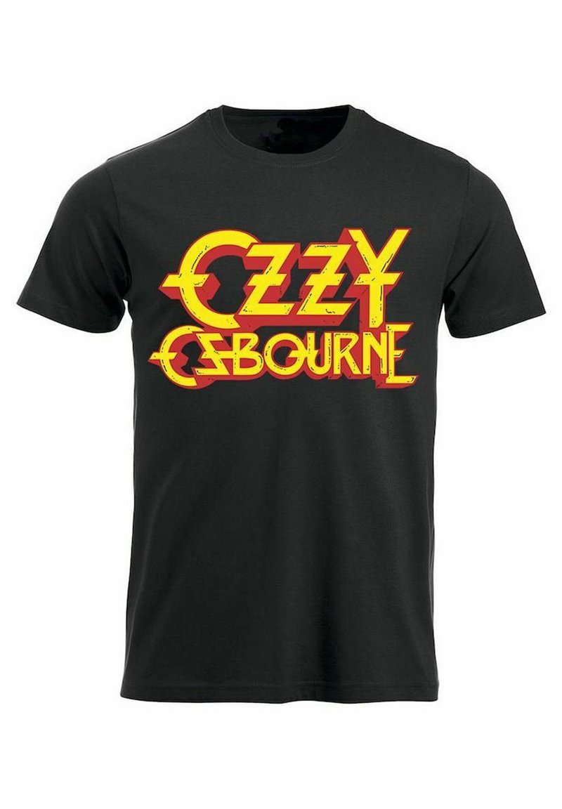 Sort bomulds T-shirt med fed rød og gul "OZZY OSBOURNE" grafisk tekst i en slående skrifttype. Korte ærmer og klassisk pasform.