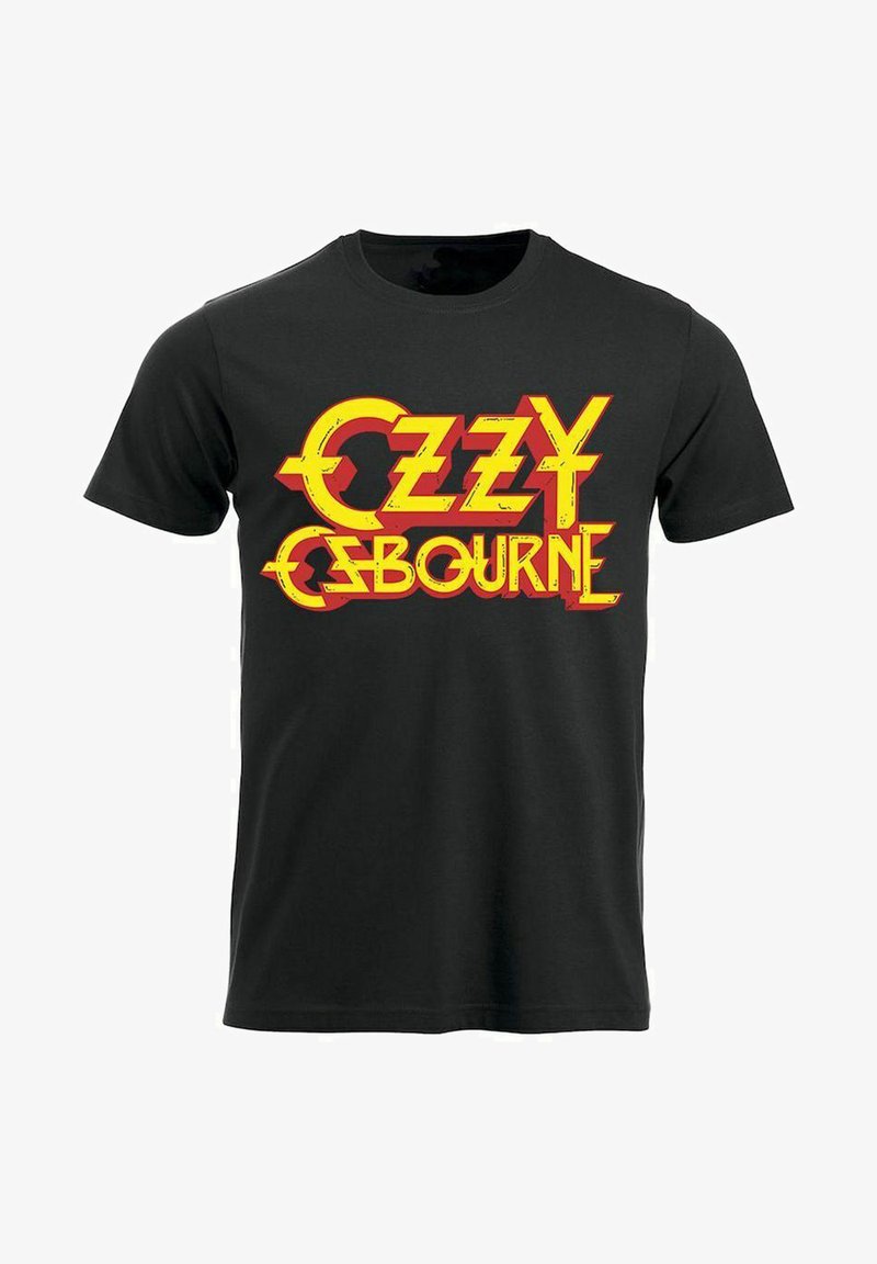 Camiseta de algodón negra con un audaz texto gráfico en rojo y amarillo que dice "OZZY OSBOURNE" en una tipografía impactante. Diseño de manga corta y ajuste clásico.