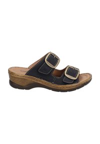 Sort læder slidesandal med to justerbare messing spænder, kontureret sål og en kile sål i en brun, textured finish.